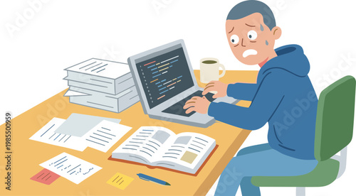 A man sits at a desk, looking stressed while working on his laptop.