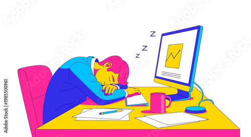 Man sleeping at desk in front of computer screen.