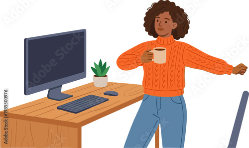 Woman dancing with coffee cup at office desk with computer and plant