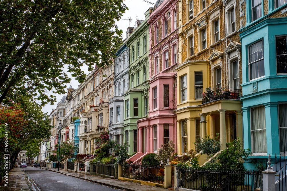 Fototapeta premium Colorful row houses with bay windows line a quiet street, tree in foreground, overcast sky