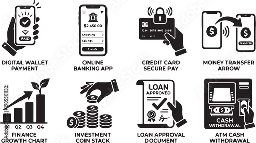 Financial icons, banking symbols, money management graphics, 8 icons