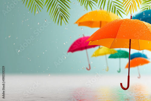 3D Monsoon Shopping Scene with Umbrella and Water Splash
