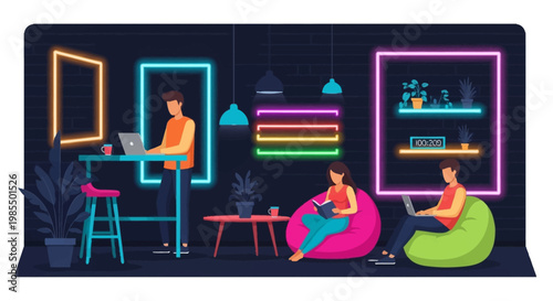 Modern Co-working Space with Neon Lights and Diverse People.