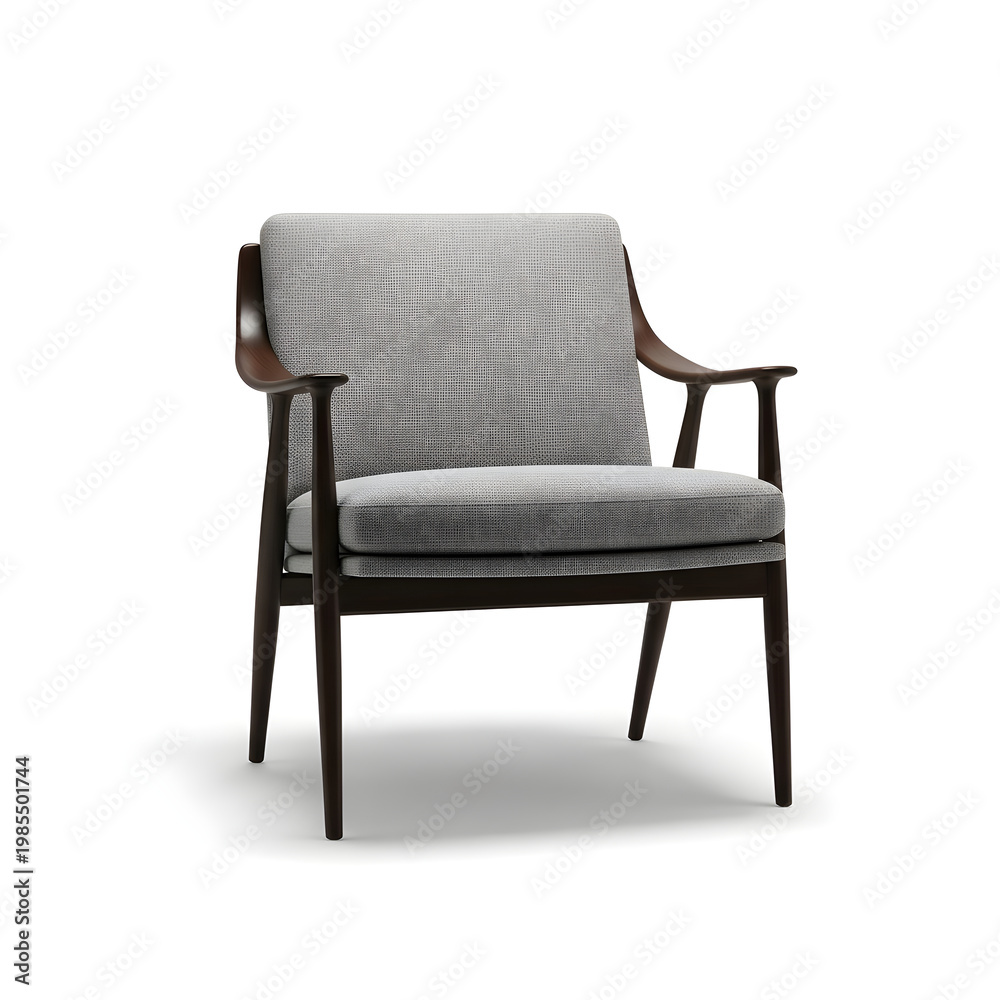 Fototapeta premium A modern armchair with a gray tweed fabric and dark wooden frame