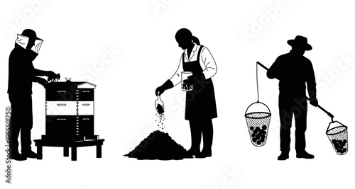 Beekeeper working with hive and collecting harvest in silhouette against white background
