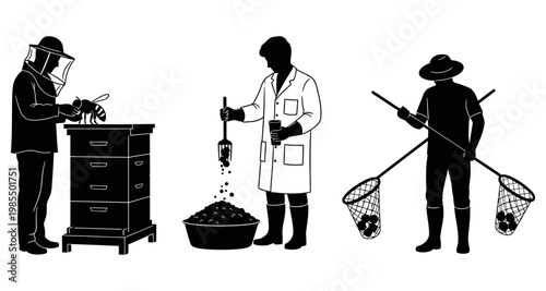 Beekeeper inspecting hive scientist with chemicals and collector with nets in silhouette
