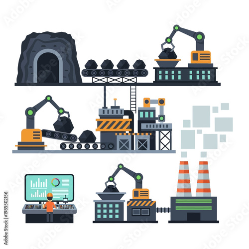 Coal Mining and Processing Plant with Robotic Arms and Control Room