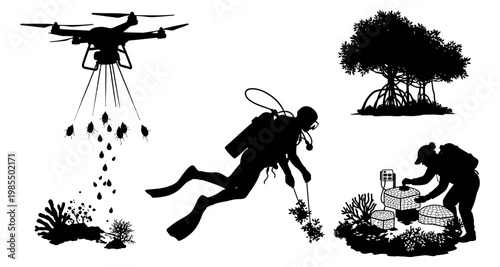 Drone spraying pesticides over coral reef with diver collecting samples near mangrove trees