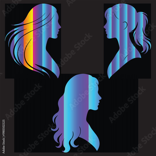 Gradient Female Profile Silhouette Set Colorful Woman Face Side View Vector Portrait Collection.