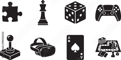 Gaming icons, game symbols, puzzle, card, controller, 8 icons set, vector graphics