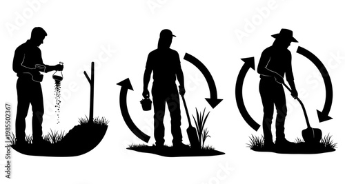 Farmer planting seeds in soil with arrows showing agricultural process silhouette