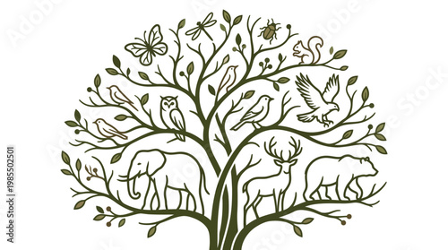 Tree of Life Illustration with Animals Representing Biodiversity and Natural Ecosystem Balance