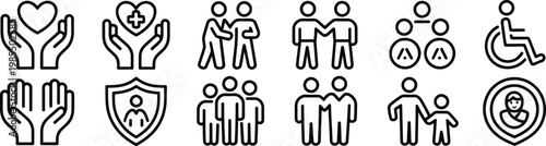 Social care and community support line icon set including charity family protection healthcare disability inclusion help vector outline design