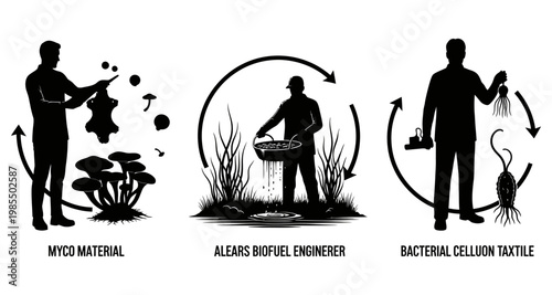 Farmer with fungal and bacterial cultures in silhouette against white background for biotechnology
