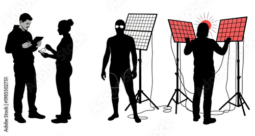 Filmmakers preparing lighting equipment for a shoot with a model in silhouette
