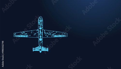 Glowing digital airplane model composed of interconnected nodes and lines of data