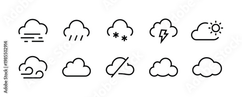 cloud weather icons. cloudy sun, rain, thunder storm, wind, snow, sky, snowflake, icon, button, vector, sign, symbol, logo, illustration, editable stroke and flat design style isolated on white linear