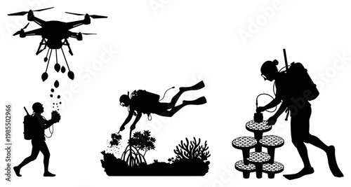 Marine biologist collecting coral samples with drone and scientific equipment silhouette