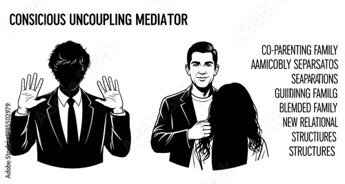 Mediator guiding couple through conscious uncoupling in silhouette against white