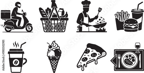 Food, drink, and transportation icons, vector set of 8