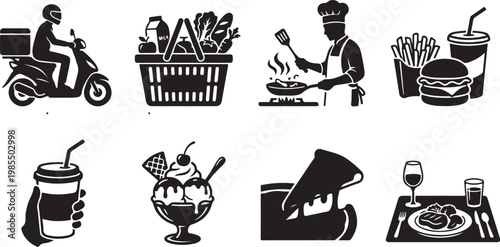 Food, drink, and restaurant icons, vector set of 8