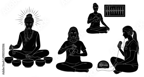 Meditating figures in silhouette against a white background with radiating light and sound bowls