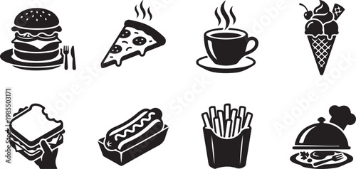 Food icons, restaurant symbols, fast food signs, black and white graphics