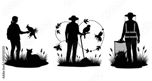 Nature enthusiast silhouettes in a field with wildlife and insects