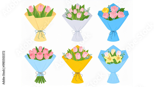 Elegant Flower Bouquets in Wrapping Paper for Women’s Day Vector Set