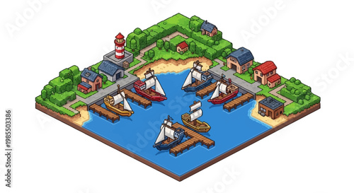 Isometric Pixel Art Harbor with Sailing Ships and Lighthouse.