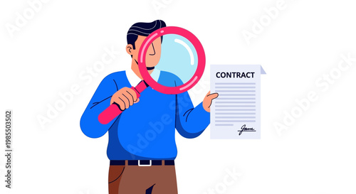 Man Carefully Examining Contract Document with Magnifying Glass.