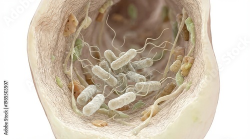 Microscopic view of intestinal bacteria inside gut lining.