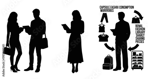 People in silhouette discussing business and capsule wardrobe with clothing icons during a meeting