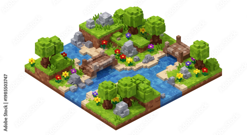 Fototapeta premium Isometric Pixel Art Nature Landscape with River and Bridges.