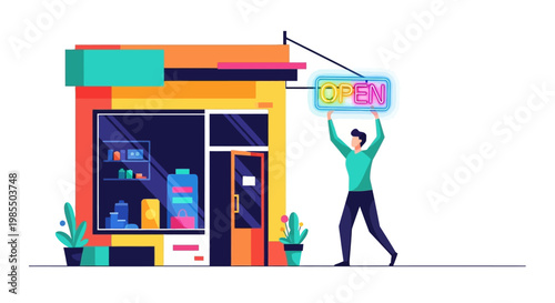 Man hanging open sign outside small business store.