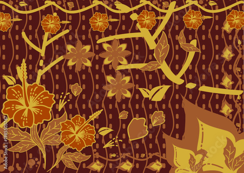 Traditional batik pattern with hibiscus flower motif in brown and gold colors