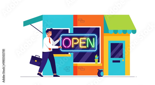 Man hanging open sign on shop door.