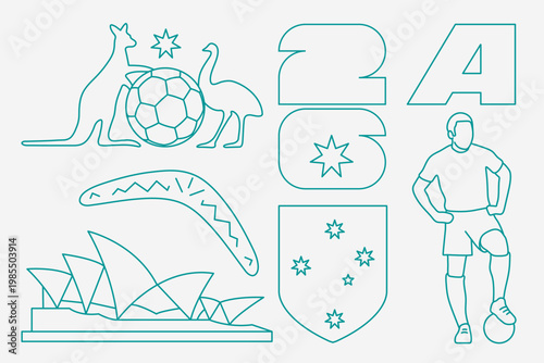 Set Australia football cartoon stickers. Soccer Team Championship vector illustration. Outline is editable. Group D.