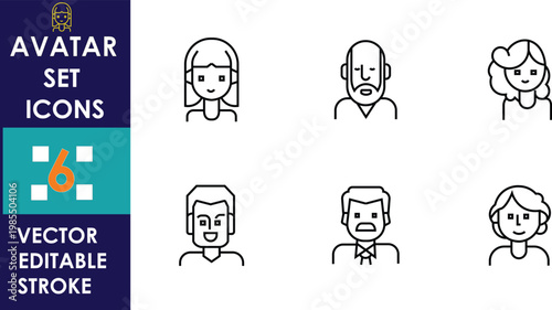 Minimal avatar set icons featuring diverse male and female faces in outline style, ideal for user profiles, contact apps, websites, UI design, and assets