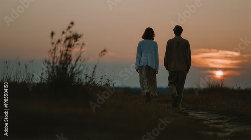 Woman and man holding hands walking on path toward sunset. Romantic couple strolling in grassy field. Love journey peaceful evening in nature concept