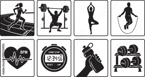 Fitness icons, workout symbols, exercise graphics, sport signs, 8 black and white elements