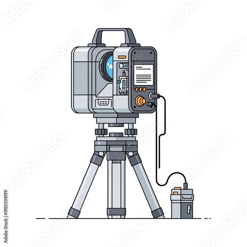 Modern surveying device with laser scanner on tripod, isolated on white background.