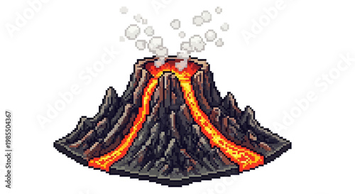 Isometric Pixel Art Volcano Erupting Lava and Smoke.
