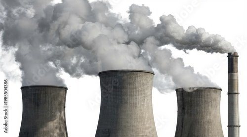 Industrial Power Plant Cooling Towers Emitting Smoke.