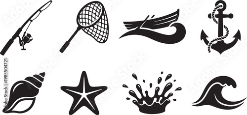 Nautical icons, sea symbols, ocean graphics, 8 black vector illustrations