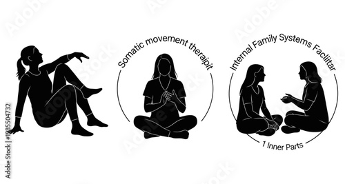 Silhouettes of people in therapeutic poses during counseling sessions