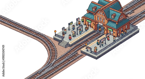 Isometric Train Station Building with Tracks.