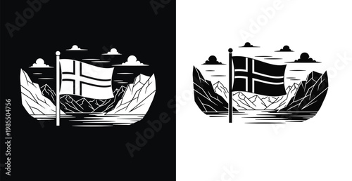 A black and white illustration of a Norwegian flag on a boat in a mountainous landscape