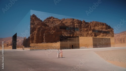 Maraya in AlUla, Saudi Arabia. Couple of tourists walk in front of mirror building. Traveling to Al Ula, landmark in the desert 