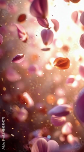 A breathtaking concept of ephemeral beauty with delicate pink and purple flower petals gracefully falling through a radiant, sun-kissed glow, creating a magical and romantic atmosphere